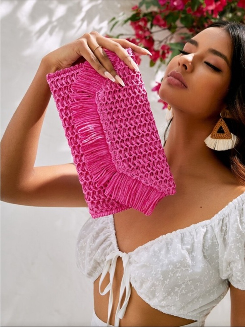 Hot Pink Woven Fringe Clutch